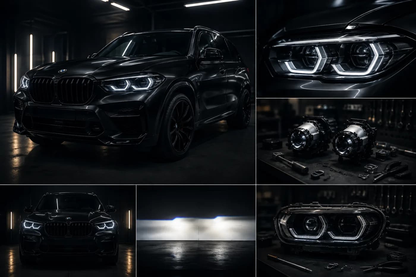BMW X5 с Bi-LED оптикой: автомобиль в боксе, фара крупным планом, линзы на верстаке и светотеневая граница на стене