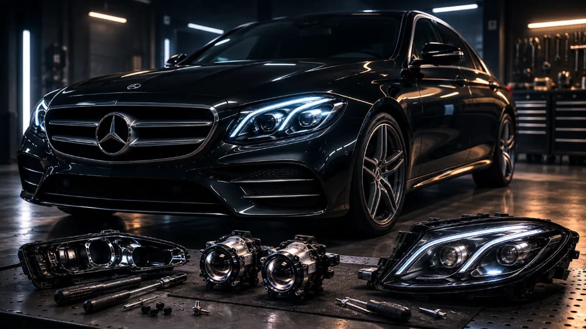 Mercedes-Benz E-Class в мастерской, перед ним разобранные фары и новые линзы на верстаке