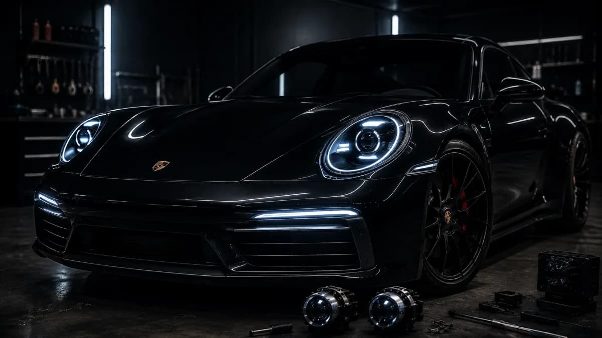 Чёрный Porsche 911 с включённой оптикой и индивидуальным рисунком ходовых огней