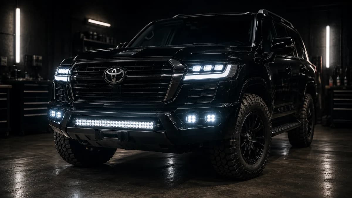 Toyota Land Cruiser с усиленным головным светом, световой балкой и прожекторами в бампере